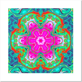 Psychedelic Mandala Flower Blue Pink Green and Red Posters and Art